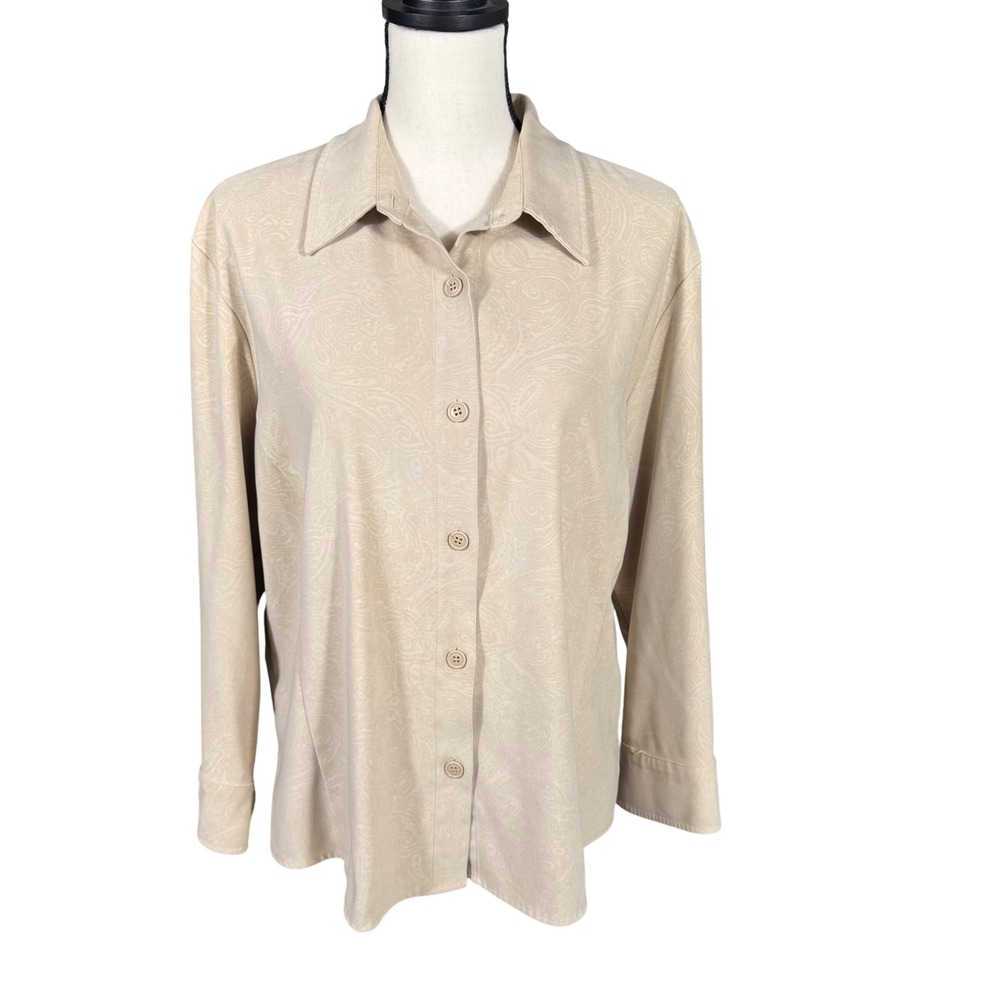 Notations Tan Paisley Embossed Button Up Shirt Women's Large Long Sleeve Stretch
